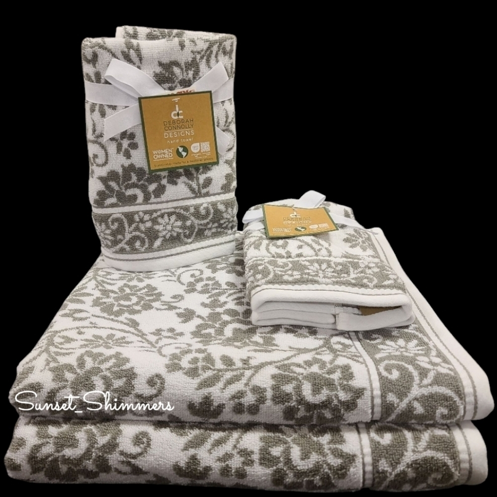 6pc Deborah Connolly Floral Scroll Damask Bath Hand Tip Towel Set Gray White NEW